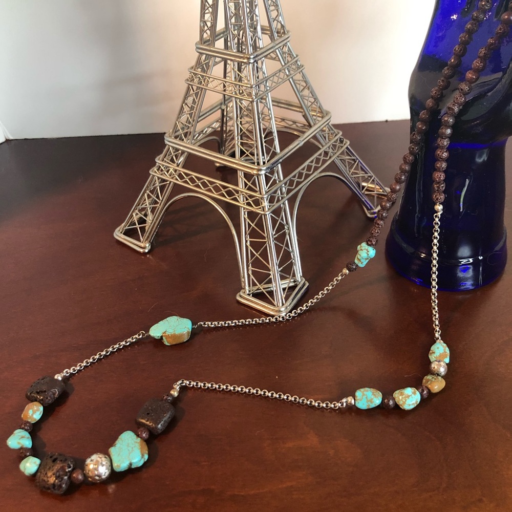 TURQUOISE , LAVA AND STERLING SILVER NECKLACE